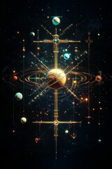 Ornate cosmic structure, planets, and stars.