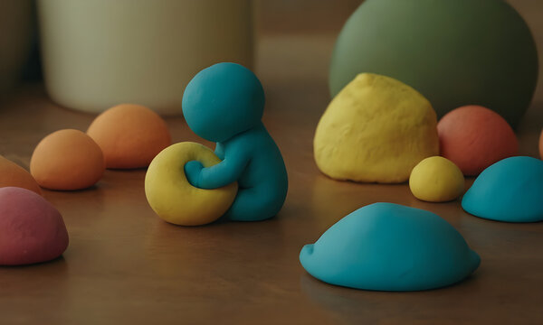Blue figurine holding yellow ball with colorful playdoh around