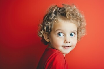 Fototapeta premium Curious child with curly blond hair poses against a coral background