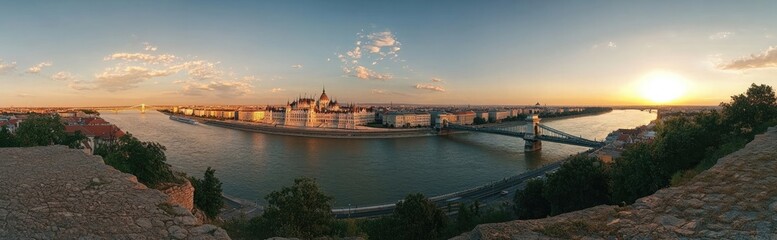 Fototapeta premium Panoramic view of river and bridges, panoramic panorama of cityscape of Hungary at sunset, front or top view of beautiful old European city, traditional architecture buildings