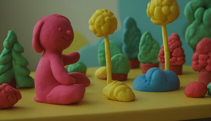 Pink claymation dog relaxing in a colorful clay forest
