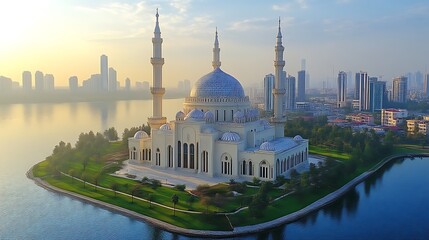 Majestic mosque on island at sunrise.