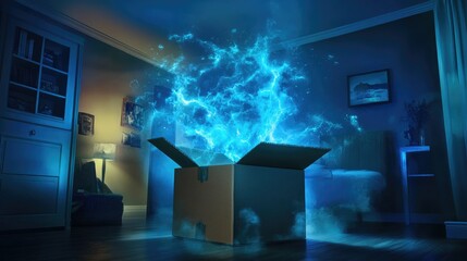 Mystical blue energy erupts from an open cardboard box in a dark room.