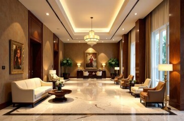 hospitality, interior design inspiration. high-end hotel lobby with warm tones, elegant seating, marble flooring and gold accents, luxurious and welcoming.