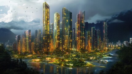 Futuristic city skyline at night, nestled between mountains and water.