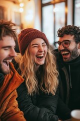 Fototapeta premium Three laughing friends, warmly dressed, share a moment.