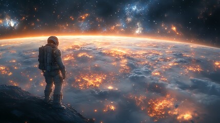 Fototapeta premium Astronaut Gazes Upon A Fiery Planet From A Distant Rock