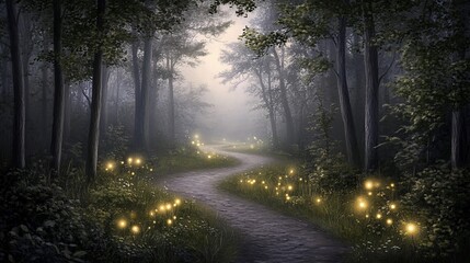 Naklejka premium Magical forest path at night with fireflies.