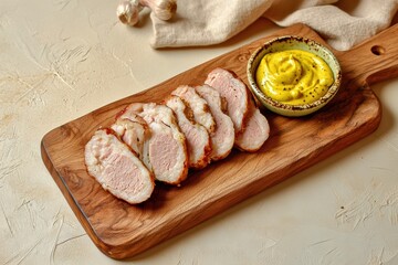 Sliced Bavarian Weisswurst with mustard on a wooden cutting board against a rustic background