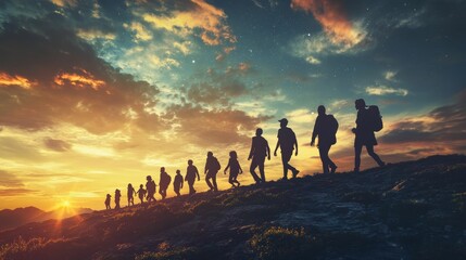 Silhouetted hikers ascend mountain, sunset sky.