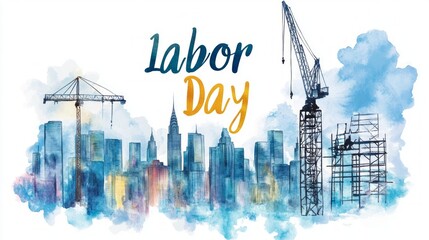 A vibrant Labor Day skyline with watercolor tones, cranes, and scaffolding in a bustling cityscape