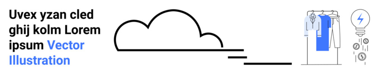 Cloud outline with trailing lines indicating speed or connection. Text beside. Righthand icons for data storage, electric lightbulb, and settings. Ideal for cloud computing, data analysis