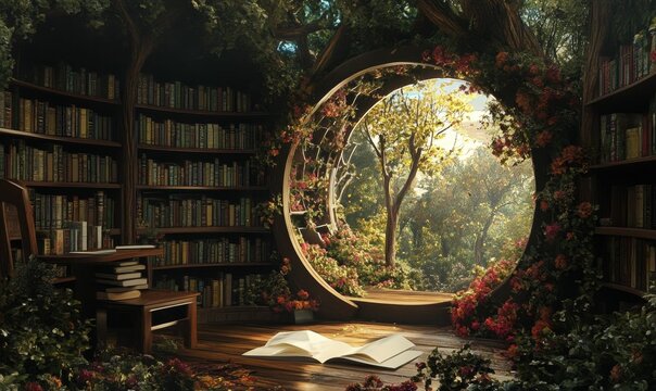 Book-filled room, leafy alcove, open book, forest view.