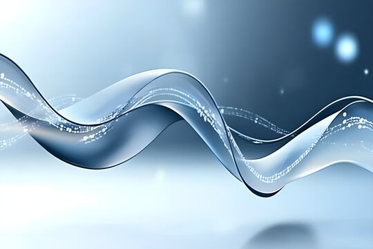 An abstract futuristic design featuring flowing, translucent waves intertwined with glowing digital elements and binary patterns, set against a gradient blue background. The composition evokes themes 