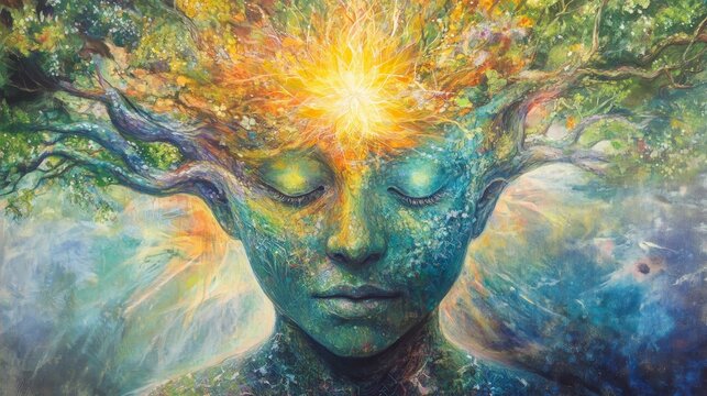 Serene face, tree branches, vibrant colors, peaceful, nature.