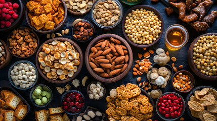 Fototapeta premium Flat lay of craft beers and snacks on a rustic background, copy space, background
