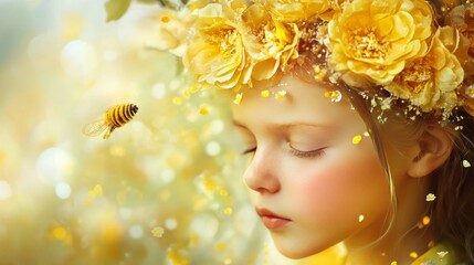 Girl wearing golden flower crown observing insect in magical forest