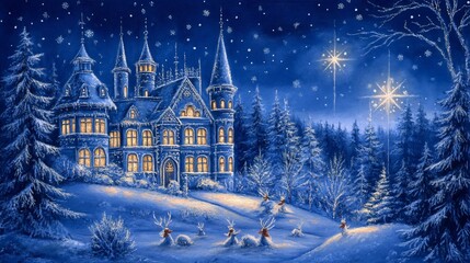 Naklejka premium A snow-covered castle glows warmly on a starry Christmas Eve night, with reindeer resting peacefully in the foreground.