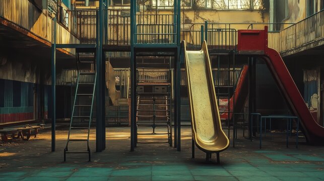 Abandoned playground with rusty slides and climbing frames inside a derelict building. - Powered by Adobe