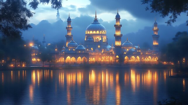 Illuminated mosque reflected in tranquil lake at dusk. - Powered by Adobe