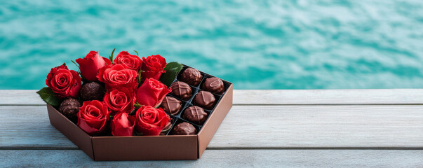 beautiful bouquet of roses and cho tes on wooden pier by water