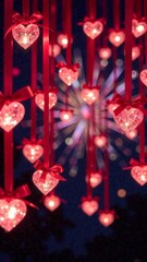 Valentine's day festive background with A bunch of red heart shaped lights hanging from the ceiling. The lights are lit up and are in the shape of a heart