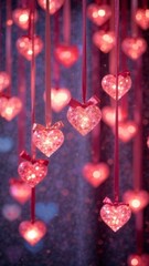 Valentine's day festive background with A bunch of pink hearts hanging from the ceiling. The hearts are lit up and are hanging from a string