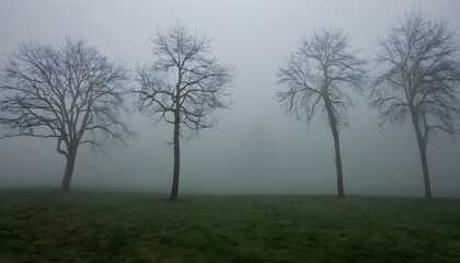 Obraz premium Bare trees standing on green grass in the fog