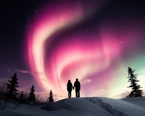 Couples Silhouetted Against the Aurora Borealis in Valentine&rsquo;s Theme, a realistic photo of two people holding hands on a snowy hill, with the aurora glowing in romantic shades of pink and purple above