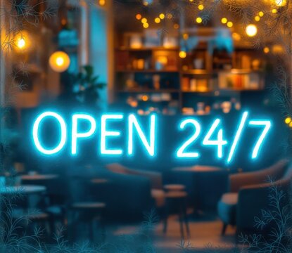 Neon open 24/7 sign in cozy cafe atmosphere for nightlife promotions