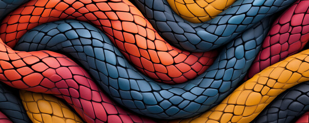 Colorful intertwined snake design with geometric patterns and textures