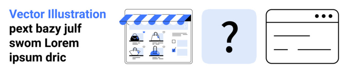 E-commerce storefront icon, a question mark symbol, and a webpage sketch. Objects symbolize online shopping, queries, and website design. Ideal for web development, e-commerce, digital marketing