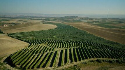 Fototapeta premium Vineyard harvesting process in rolling hills aerial view nature landscape photography