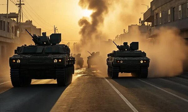 Military Convoy in War Zone at Sunset