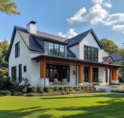 Modern house with large windows and landscaped yard in daytime