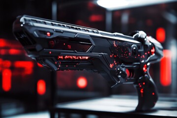 Obraz premium Futuristic weapon design displayed in a high-tech environment with red lighting