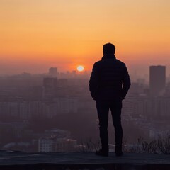 Fototapeta premium A man stands quietly on a hill, watching the sun dip below the city skyline during a winter evening. The warm colors of the sunset contrast with the cooler tones of the urban landscape