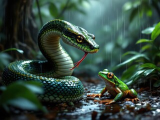 Obraz premium Green Snake Stalking a Frog in the Rainforest During Rain