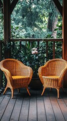 Obraz premium Cozy wicker chairs in a sunlit room surrounded by lush green plants
