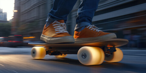A rider navigates a modern electric skateboard through a bustling city, showcasing glowing wheels as dusk descends, illuminating the urban landscape.