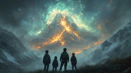 Naklejka premium Four children gaze at a glowing volcanic eruption in a dramatic landscape.