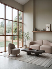 A lifelike photograph of a reserved, clean, contemporary living room with modern furniture and beautiful floor to ceiling windows with view of backyard in the back