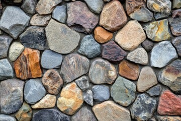 多様な色と形を持つ石が並ぶ壁の自然な美しさ
