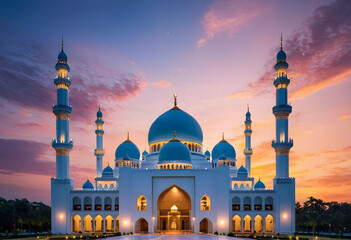 Naklejka premium Beautiful mosque building with dramatic sunset sky background