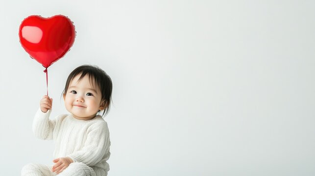 Cute Asian baby holding a red heart balloon on a clean white background with space for text