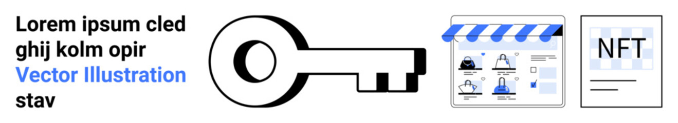 Black key and digital storefront with various icons, next to an NFT document. Ideal for digital security, online access, digital marketplace, e-commerce, blockchain, technology, modern business