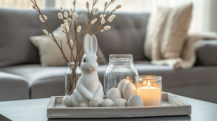 Decorative spring arrangement with a bunny figurine and pastel eggs on a wooden tray in a cozy living room