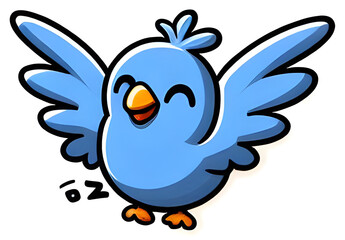 Cute blue cartoon bird flapping wings and smiling