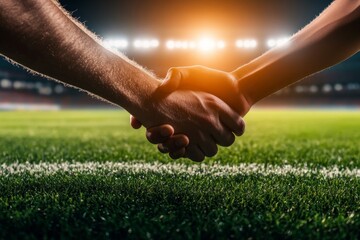 Two hands clasped in a handshake on a vibrant sports field with stadium lights glowing in the background. Ideal for themes of teamwork, unity, and sportsmanship.