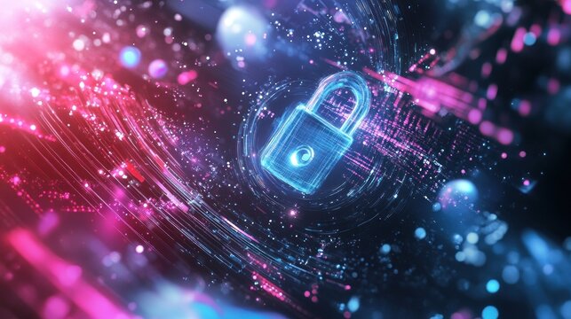 Abstract digital padlock in swirling data streams.
